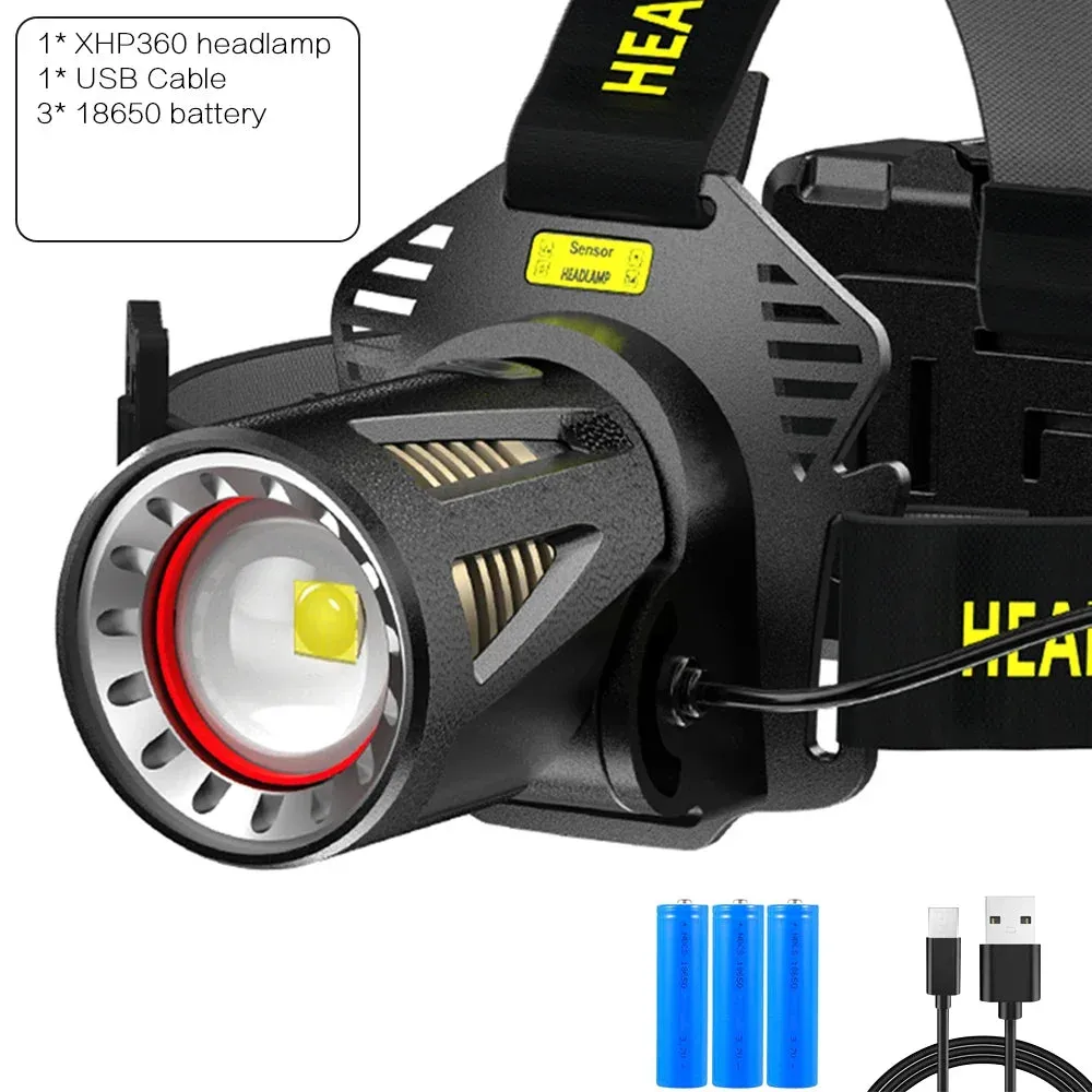 XHP360 LED Headlamp Zoomable Sensor Headlight USB Rechargeable Head Flashlight Outdoor Waterproof Fishing Emergency Power Bank