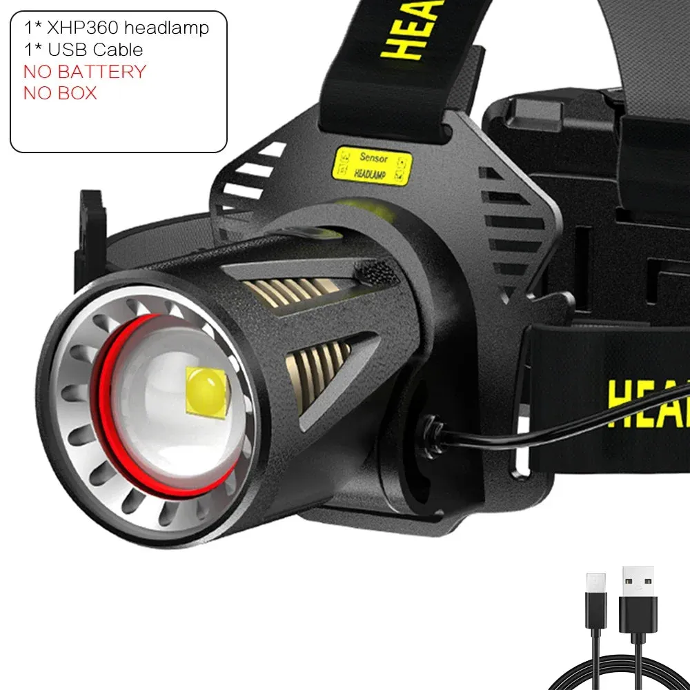 XHP360 LED Headlamp Zoomable Sensor Headlight USB Rechargeable Head Flashlight Outdoor Waterproof Fishing Emergency Power Bank
