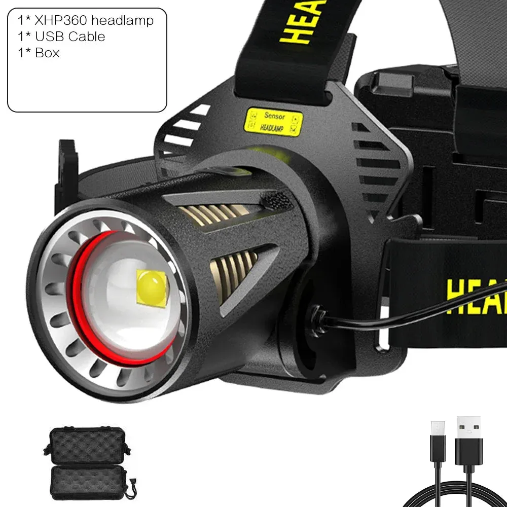 XHP360 LED Headlamp Zoomable Sensor Headlight USB Rechargeable Head Flashlight Outdoor Waterproof Fishing Emergency Power Bank
