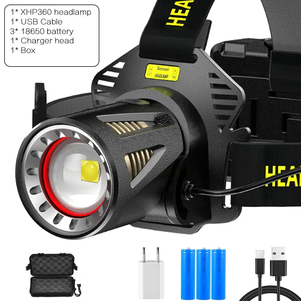 XHP360 LED Headlamp Zoomable Sensor Headlight USB Rechargeable Head Flashlight Outdoor Waterproof Fishing Emergency Power Bank