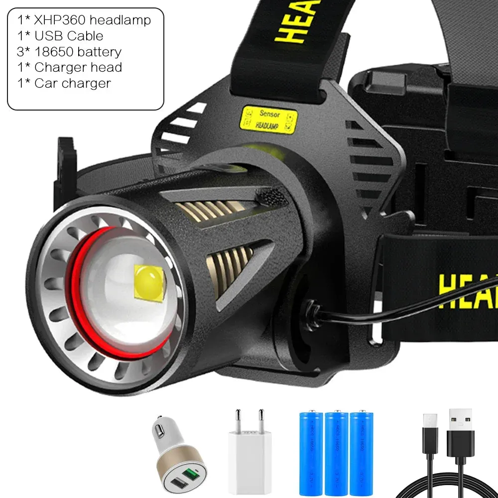 XHP360 LED Headlamp Zoomable Sensor Headlight USB Rechargeable Head Flashlight Outdoor Waterproof Fishing Emergency Power Bank