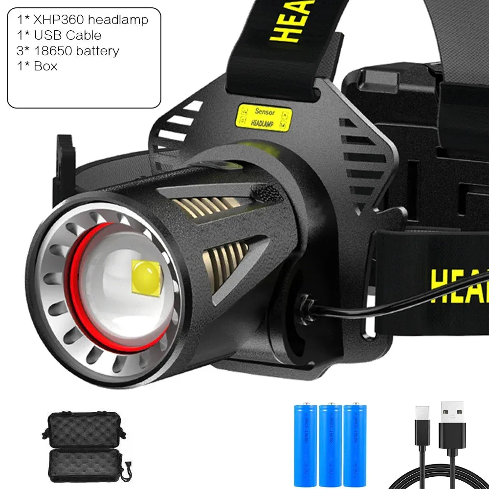 XHP360 LED Headlamp Zoomable Sensor Headlight USB Rechargeable Head Flashlight Outdoor Waterproof Fishing Emergency Power Bank